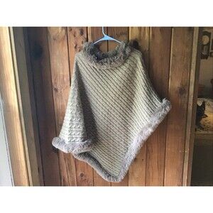 Le Moda Poncho Cape Brown Cable Knit Faux Fur Trim